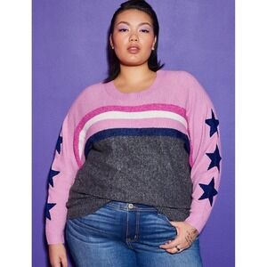 Torrid Skull Varsity Pink Grey Star‎ Sleeve Stripe Sweater Plus Size 1 Womens 16